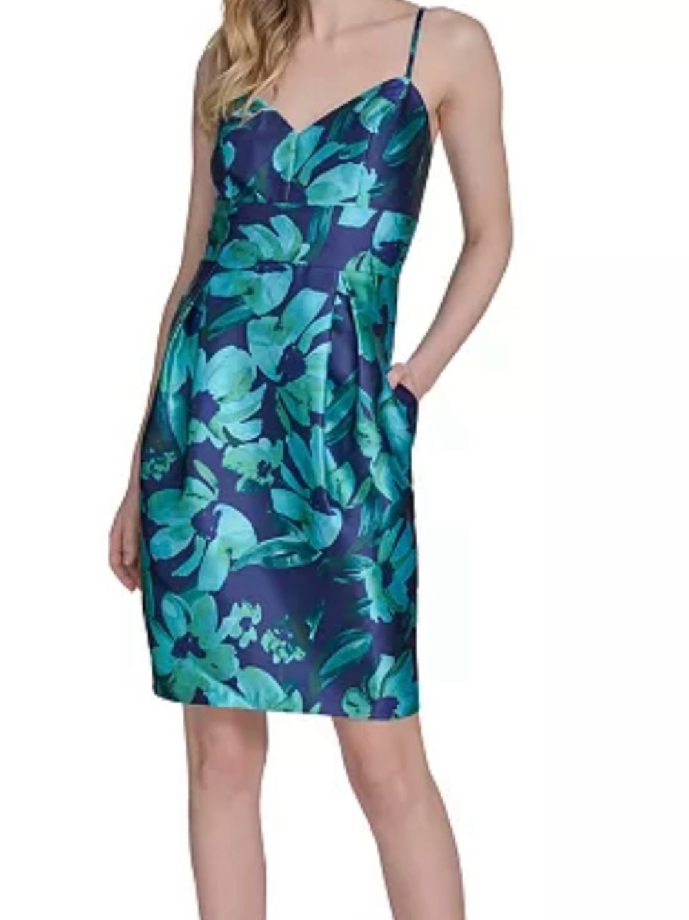 Eliza J Teal Floral Sweetheart Sheath Dress on Navy